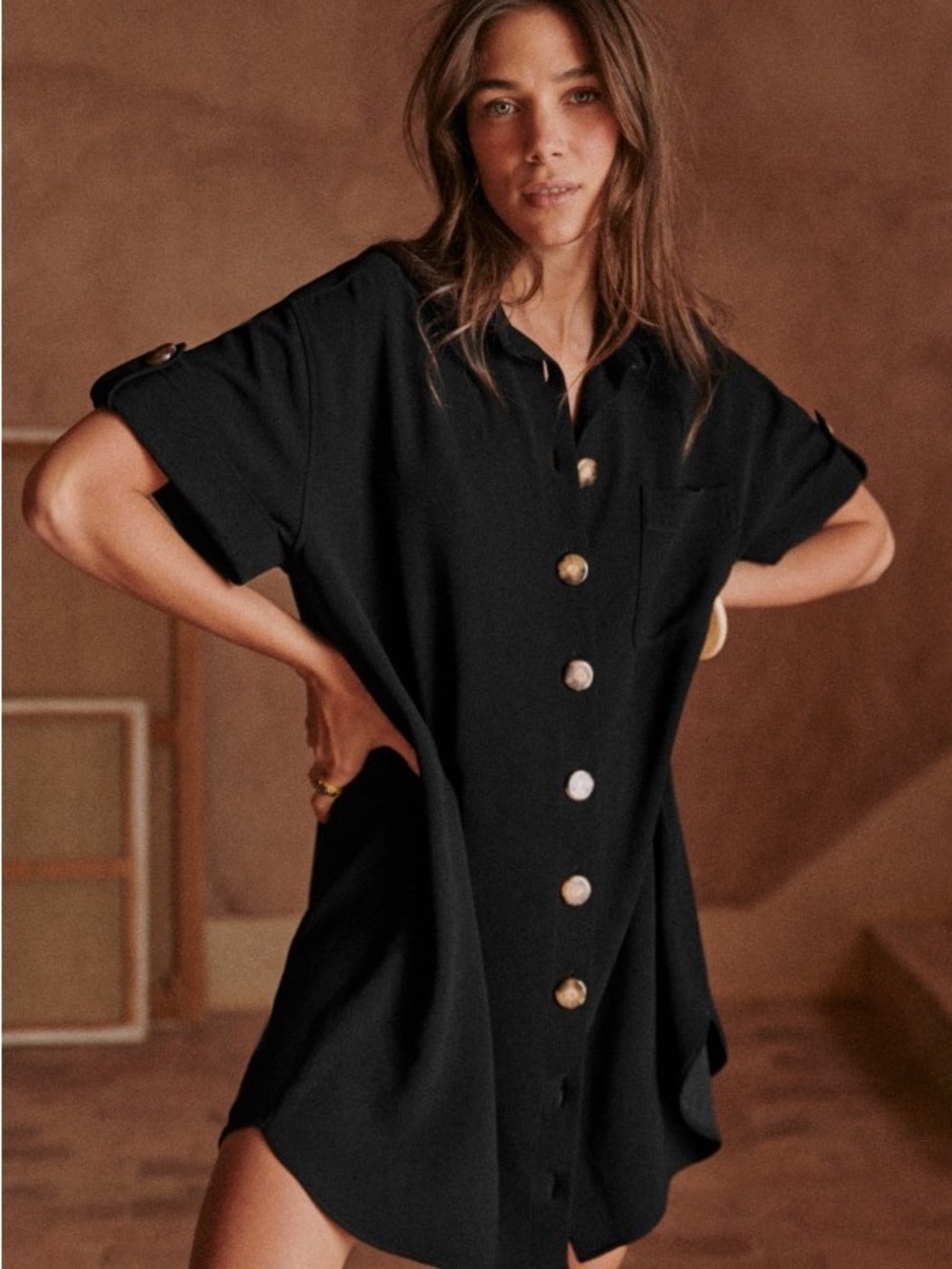 Sezane Black Button-Front Sofia Shirt Dress